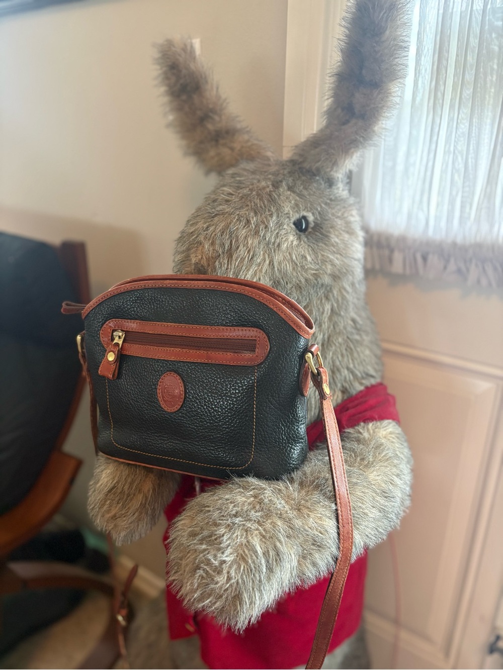 Leather Crossbody Bag with Tan Trim - Black